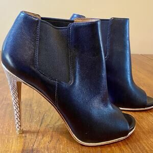 Coach Black Leather Booties Size 7.5 Peep-Toe Snakeskin Stiletto Heel
